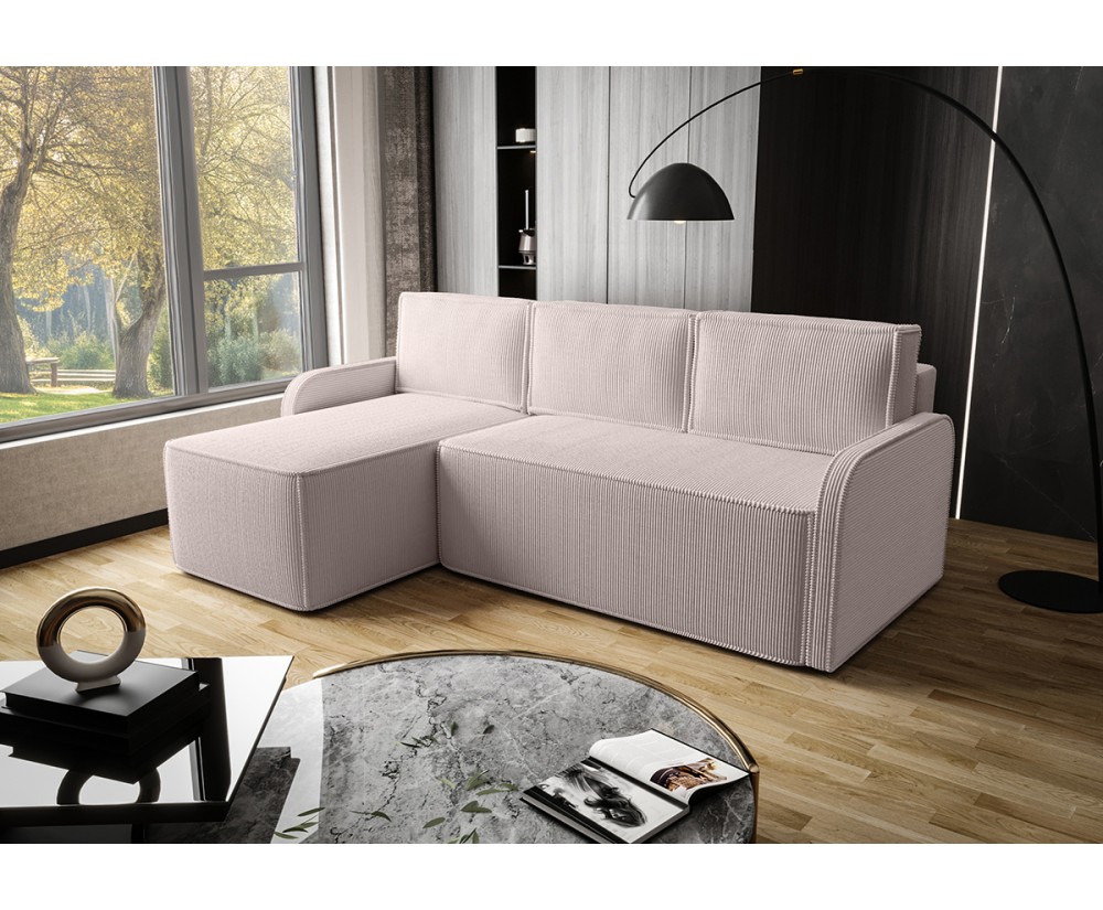 Ecksofa in L-Form mit Schlaffunktion und Bettkasten, SCHMALE Armlehnen, Cord POSO, NESTO A2