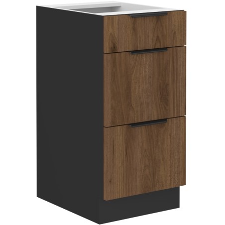 VELO 40 D 3S BB Küchenunterschrank mit 3 Schubladen, schwarz matt / Nussbaum Okapi
