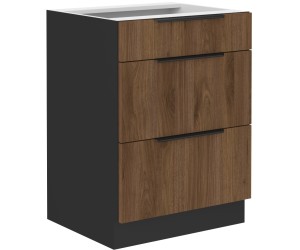 VELO 60 D 3S BB Küchenunterschrank mit 3 Schubladen, schwarz matt / Nussbaum Okapi