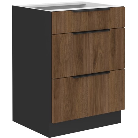 VELO 60 D 3S BB Küchenunterschrank mit 3 Schubladen, schwarz matt / Nussbaum Okapi