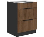 VELO 60 D 3S BB Küchenunterschrank mit 3 Schubladen, schwarz matt / Nussbaum Okapi