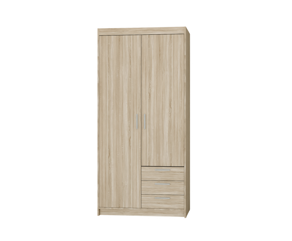 Schrank 2-türig, Kleiderschrank mit 3 Schubladen, Eiche Sonoma, SELENA