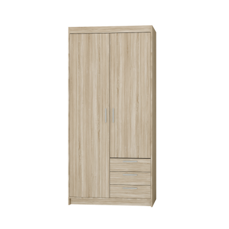 Schrank 2-türig, Kleiderschrank mit 3 Schubladen, Eiche Sonoma, SELENA