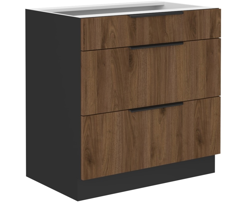 VELO 80 D 3S BB Küchenunterschrank mit Schubladen, schwarz matt / Nussbaum Okapi