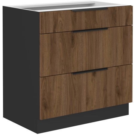 VELO 80 D 3S BB Küchenunterschrank mit Schubladen, schwarz matt / Nussbaum Okapi