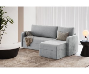 FREZJA N4 Ecksofa in L-Form universal R/L mit Schlaffunktion und Bettkasten, Velourstoff Soro 93 grau