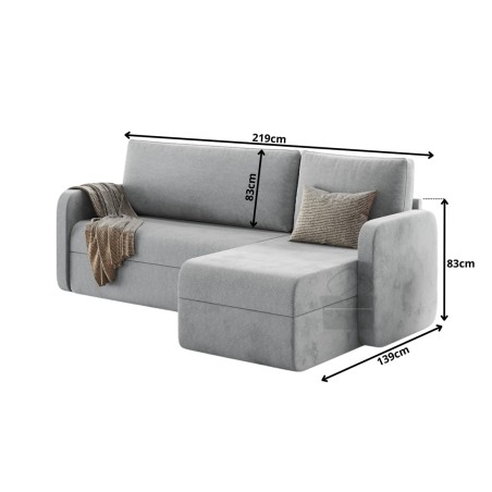 FREZJA N4 Ecksofa in L-Form universal R/L mit Schlaffunktion und Bettkasten, Velourstoff Soro 93 grau