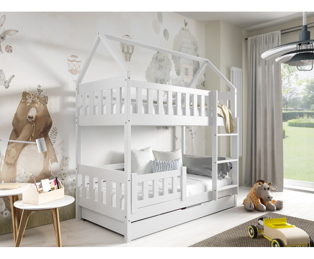 Hochbett FELIX, HAUSBETT, Etagenbett 80x190 cm, Holzbett mit Schublade, 3 Farben versandbereit