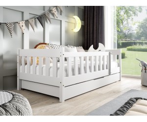Holzbett 80x190 cm, mit Schublade und Geländer, Kinderbett in drei Farbvarianten, BAMBI