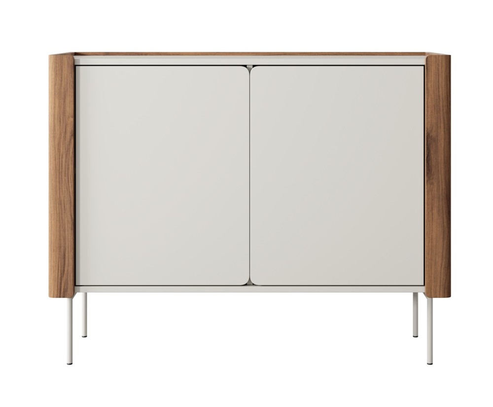 Moderne Kommode zweitürig, Fronten mit abgerundeten Kanten, Metallfüße, Warmia Nussbaum / Kaschmir, TWIGI