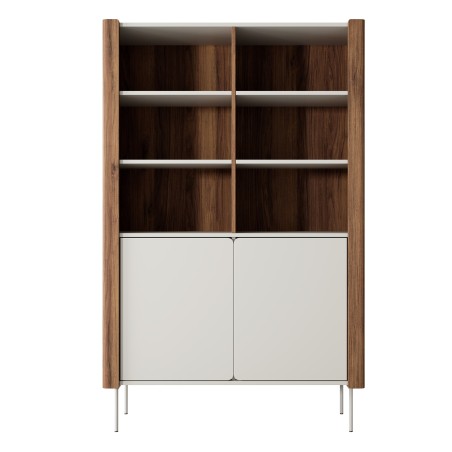 TWIGI Hochregal für Wohnzimmer, Fronten mit abgerundeten Kanten, Metallfüße, Warmia Nussbaum / Kaschmir