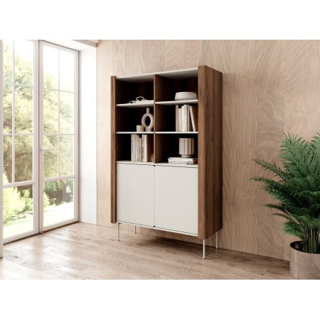 TWIGI Hochregal für Wohnzimmer, Fronten mit abgerundeten Kanten, Metallfüße, Warmia Nussbaum / Kaschmir