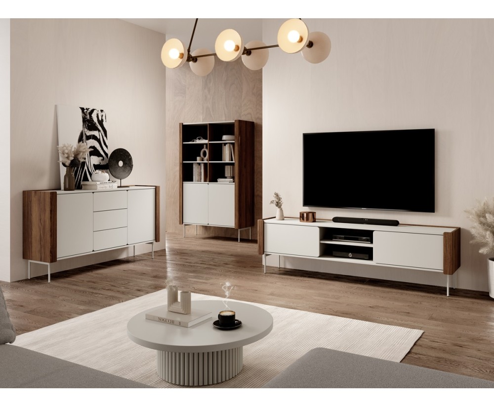 Modernes Möbelset für Wohnzimmer, Fronten mit abgerundeten Kanten, Metallfüße, Warmia Nussbaum / Kaschmir, TWIGI