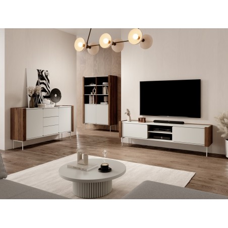 TWIGI Modernes Möbelset für Wohnzimmer, Fronten mit abgerundeten Kanten, Metallfüße, Warmia Nussbaum / Kaschmir