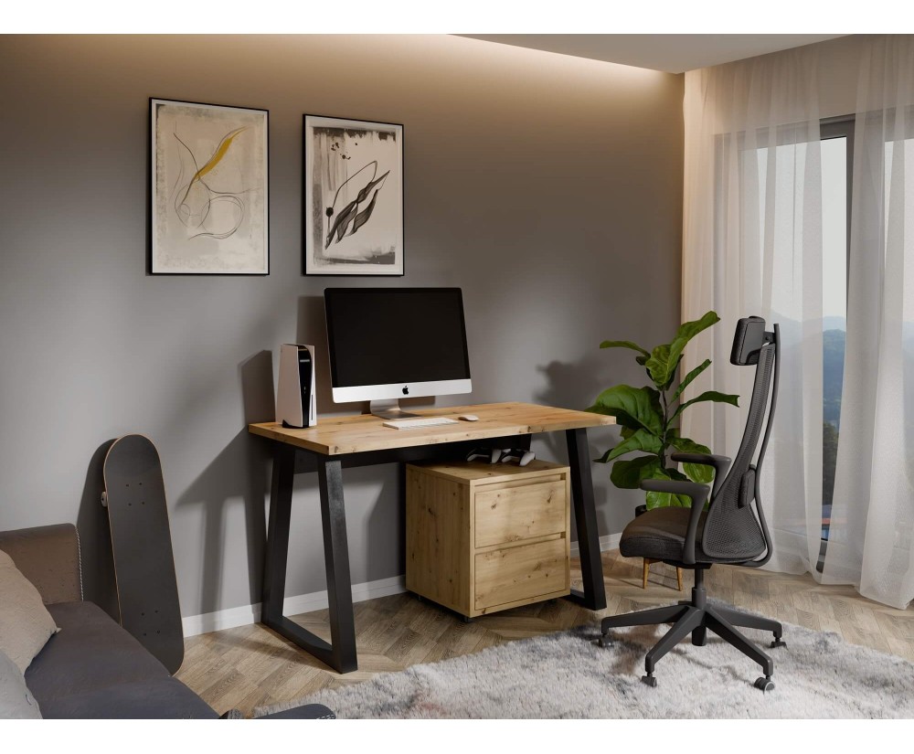 Büromöbel-Set 2-teilig, Schreibtisch LOFT 130 cm Artisan/schwarz + Rollcontainer Artisan mit 2 Schubladen, LINO