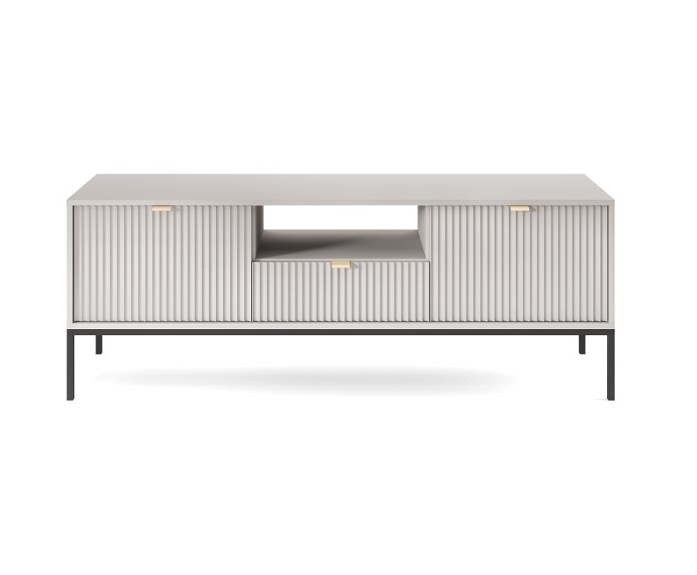 Grauer TV-Board mit geriffelten Fronten, Griffe goldfarben, SIENA TV154
