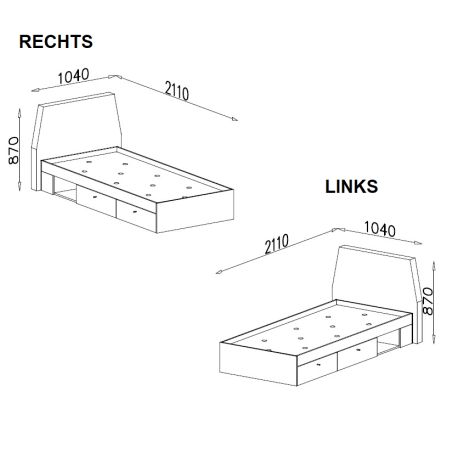 Jugendbett 90x200 cm mit Schubladen, gepolstertes Kopfteil, Eiche Baltic, ALESSIO 12 L/R