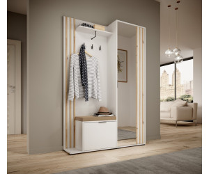 NELA Garderoben-Set, Garderobe Wandpaneel, Schuhschrank mit SITZKISSEN,  Spiegel + Lamellen, Weiß/Artisan Eiche