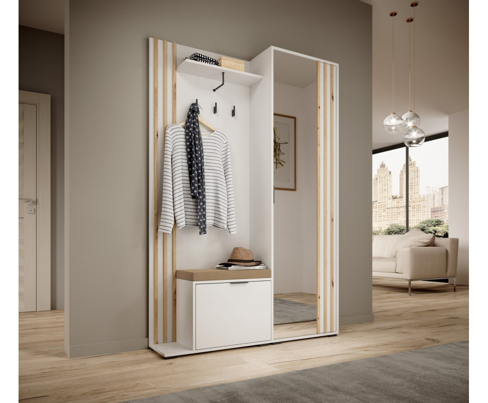 Garderoben-Set, Garderobe Wandpaneel, Schuhschrank mit SITZKISSEN, Spiegel + Lamellen, Weiß/Artisan Eiche, NELA
