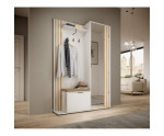 Garderoben-Set, Garderobe Wandpaneel, Schuhschrank mit SITZKISSEN, Spiegel + Lamellen, Weiß/Artisan Eiche, NELA