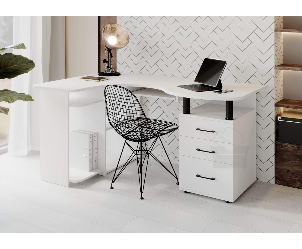 Eckschreibtisch weiß mit Schubladen für Büro links oder rechts, MAKSYM