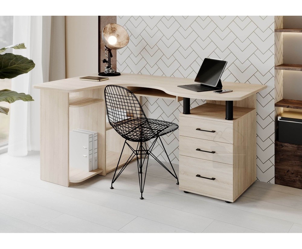 Eckschreibtisch mit Schubladen für Arbeitszimmer, Bürotisch links oder rechts, Eiche Sonoma, MAKSYM