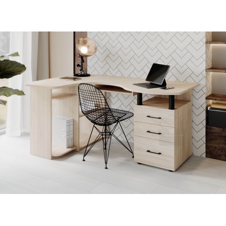 Eckschreibtisch mit Schubladen für Arbeitszimmer, Bürotisch links oder rechts, Eiche Sonoma, MAKSYM