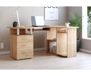 Eckschreibtisch mit Schubladen für Arbeitszimmer, Bürotisch LINKS, Craft golden, MAKSYM