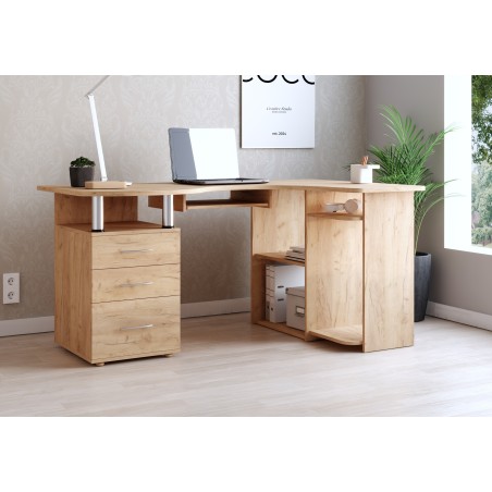 Eckschreibtisch mit Schubladen für Arbeitszimmer, Bürotisch LINKS, Craft golden, MAKSYM