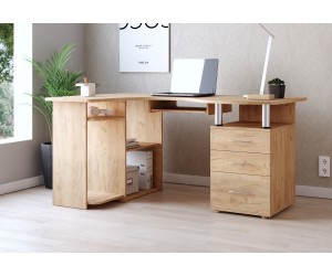 Eckschreibtisch mit Schubladen für Büro, Arbeitstisch RECHTS, Craft golden, MAKSYM