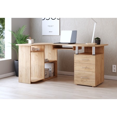 Eckschreibtisch mit Schubladen für Büro, Arbeitstisch RECHTS, Craft golden, MAKSYM