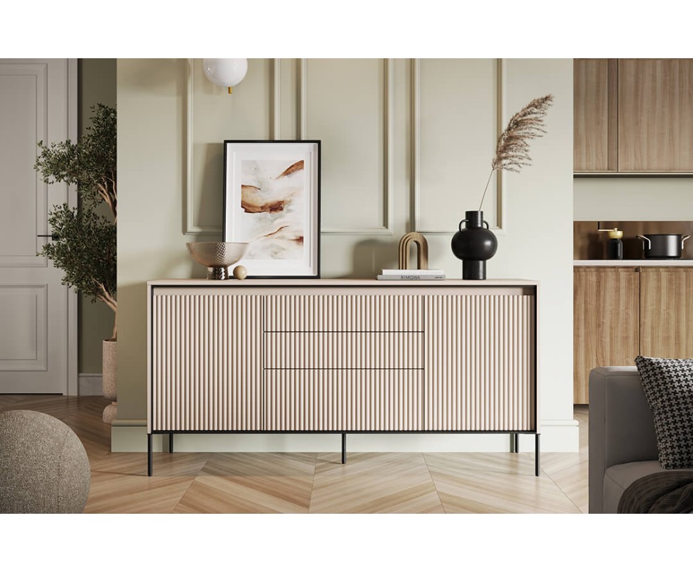 Kommode zweitürig/3 Schubladen, mit LED-Beleuchtung, geriffelte Fronten, sandbeige / schwarz, TREND TR-01 Kommode zweitürig/3 Schubladen, mit LED-Beleuchtung, geriffelte Fronten, sandbeige / schwarz, TREND TR-01