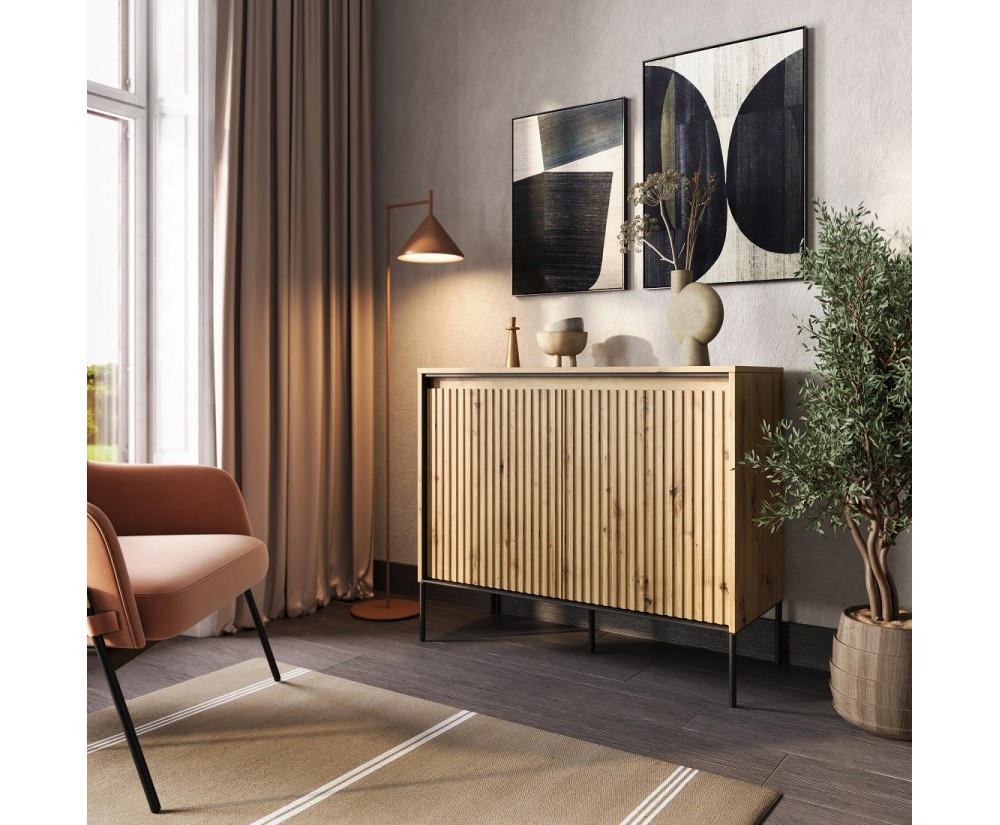 Kommode zweitürig, mit LED-Beleuchtung, geriffelte Fronten, Artisan / schwarz, TREND TR-02