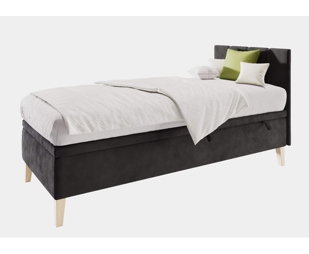 Einzelbett 100x200 cm für Kinderzimmer mit Bettkasten, Kopfteil und Holzfüßen, INTARO A8