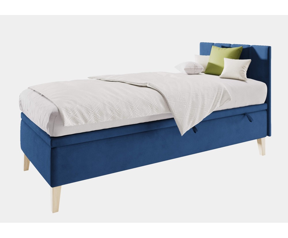 Einzelbett 100x200 cm für Kinderzimmer mit Bettkasten, Kopfteil und Holzfüßen, INTARO A8
