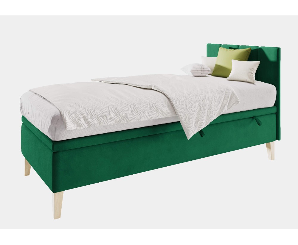 Einzelbett 100x200 cm für Kinderzimmer mit Bettkasten, Kopfteil und Holzfüßen, INTARO A8