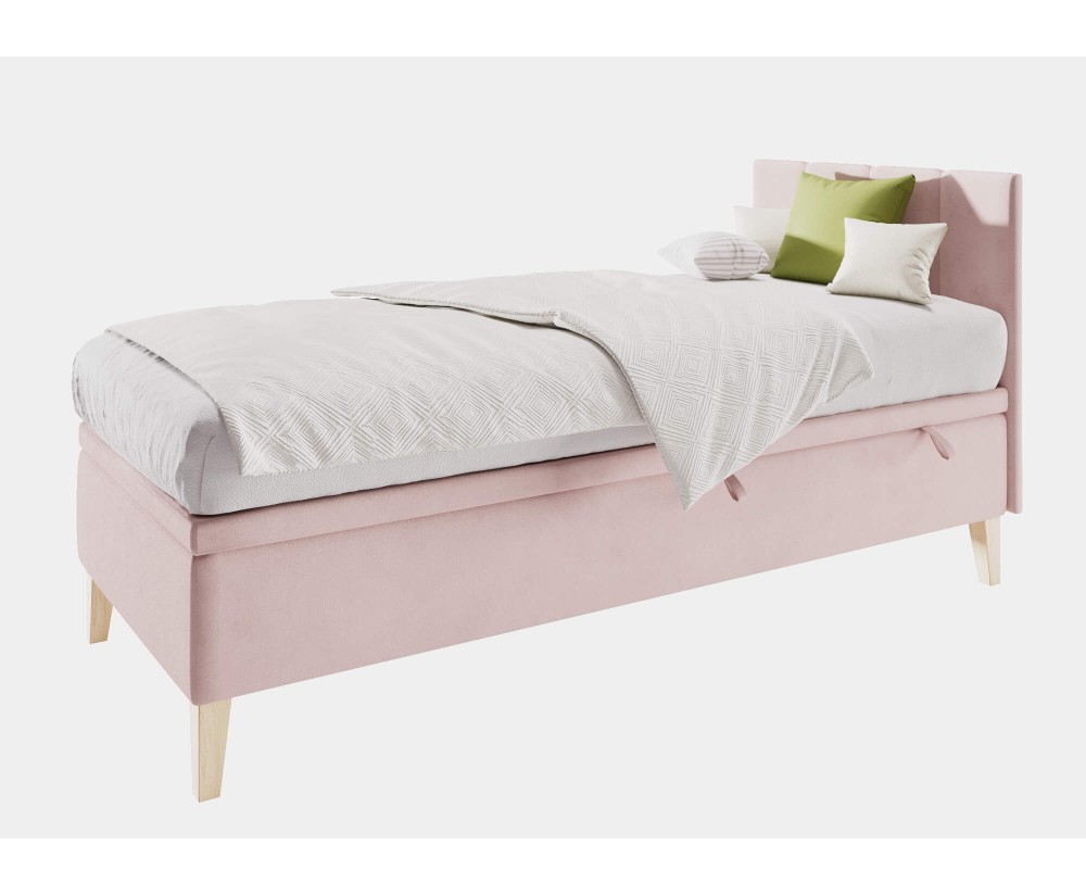 Einzelbett 100x200 cm für Kinderzimmer mit Bettkasten, Kopfteil und Holzfüßen, INTARO A8