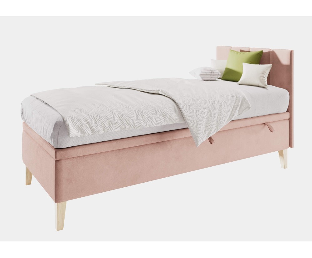 Einzelbett 100x200 cm für Kinderzimmer mit Bettkasten, Kopfteil und Holzfüßen, INTARO A8