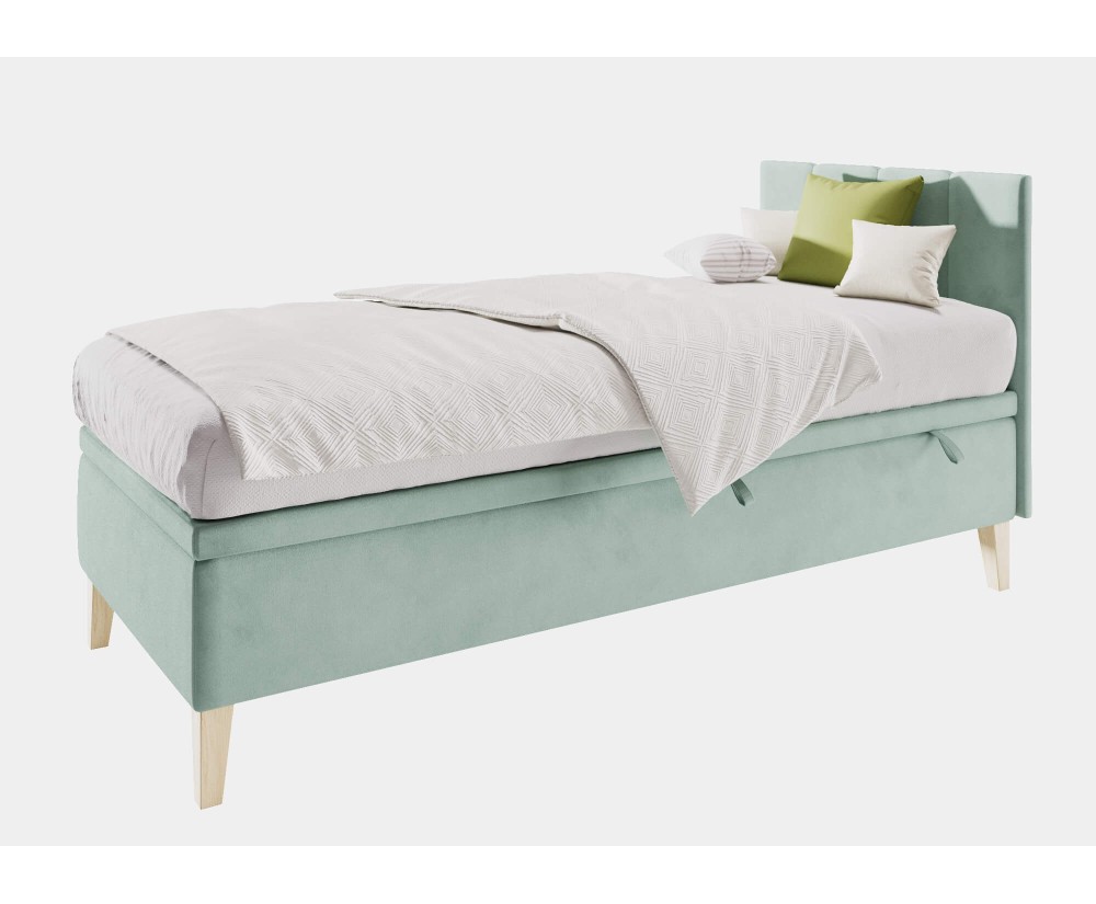 Einzelbett 100x200 cm für Kinderzimmer mit Bettkasten, Kopfteil und Holzfüßen, INTARO A8