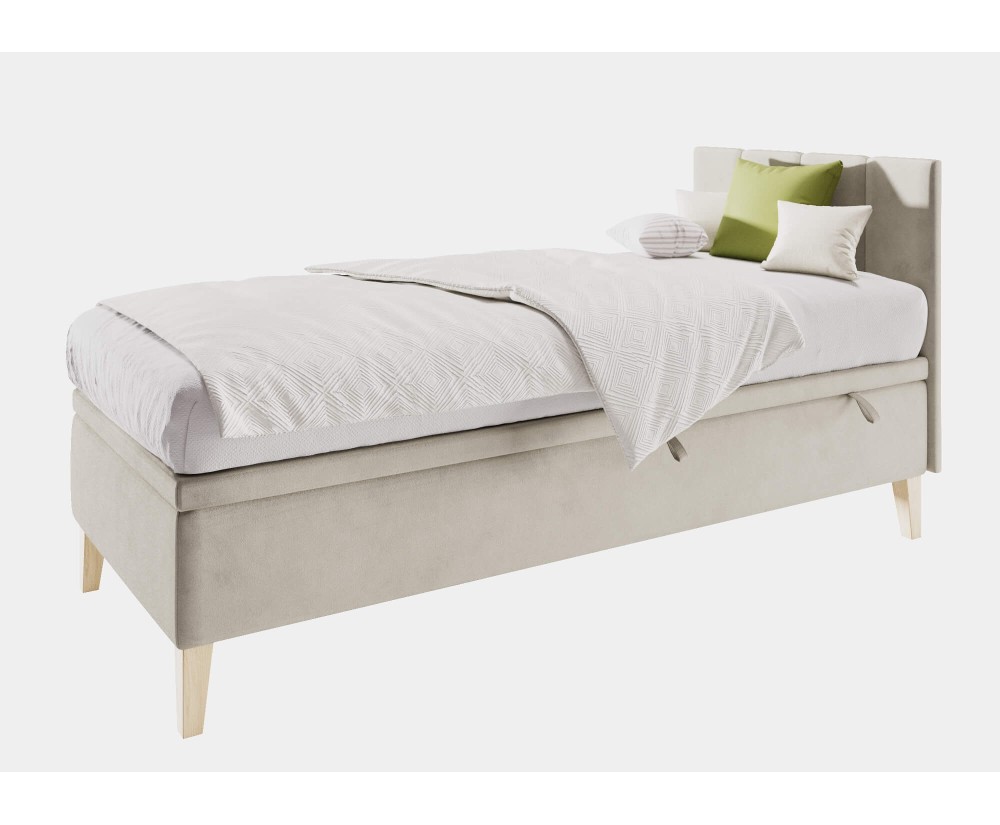 Einzelbett 100x200 cm für Kinderzimmer mit Bettkasten, Kopfteil und Holzfüßen, INTARO A8