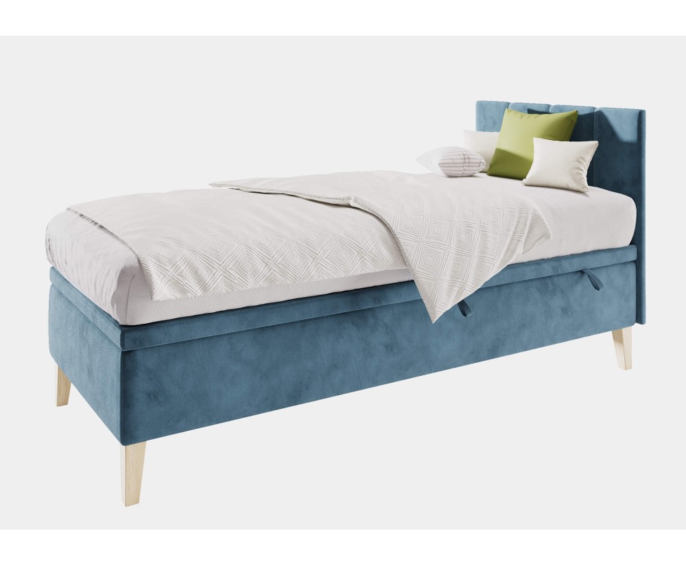 Einzelbett 100x200 cm für Kinderzimmer mit Bettkasten, Kopfteil und Holzfüßen, INTARO A8