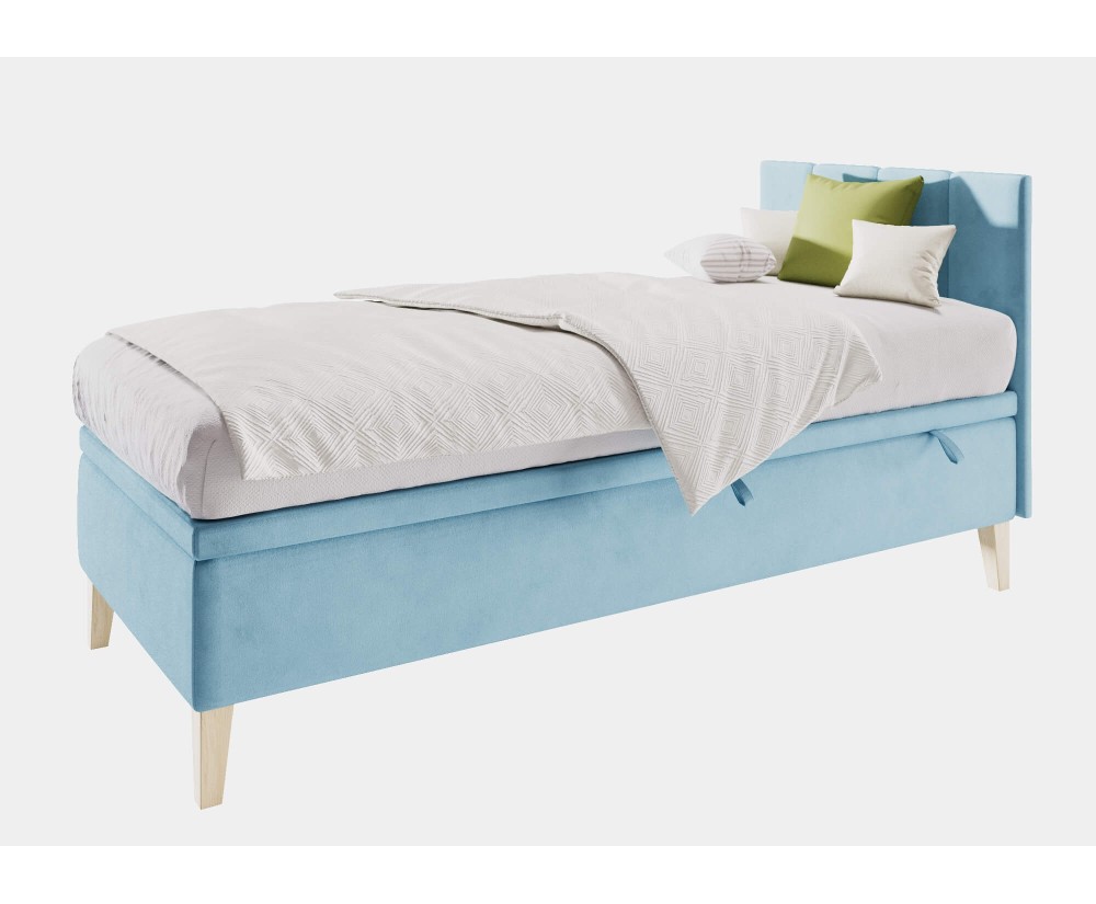 Einzelbett 100x200 cm für Kinderzimmer mit Bettkasten, Kopfteil und Holzfüßen, INTARO A8