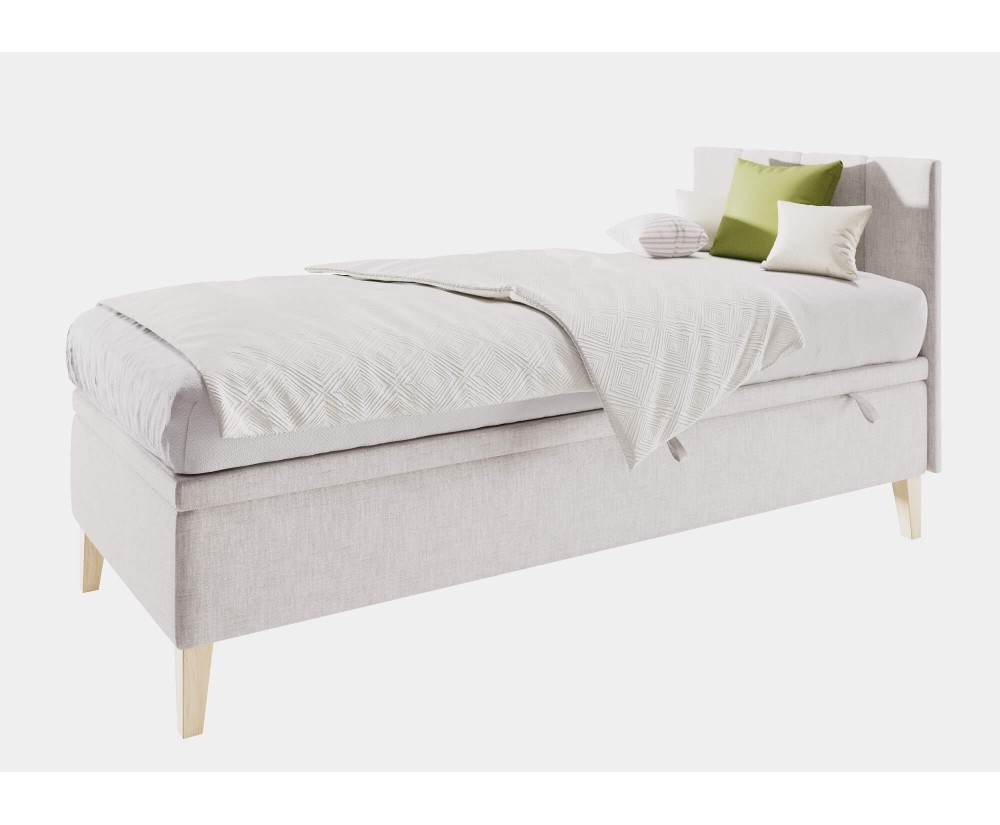 Einzelbett 100x200 cm für Kinderzimmer mit Bettkasten, Kopfteil und Holzfüßen, INTARO A8