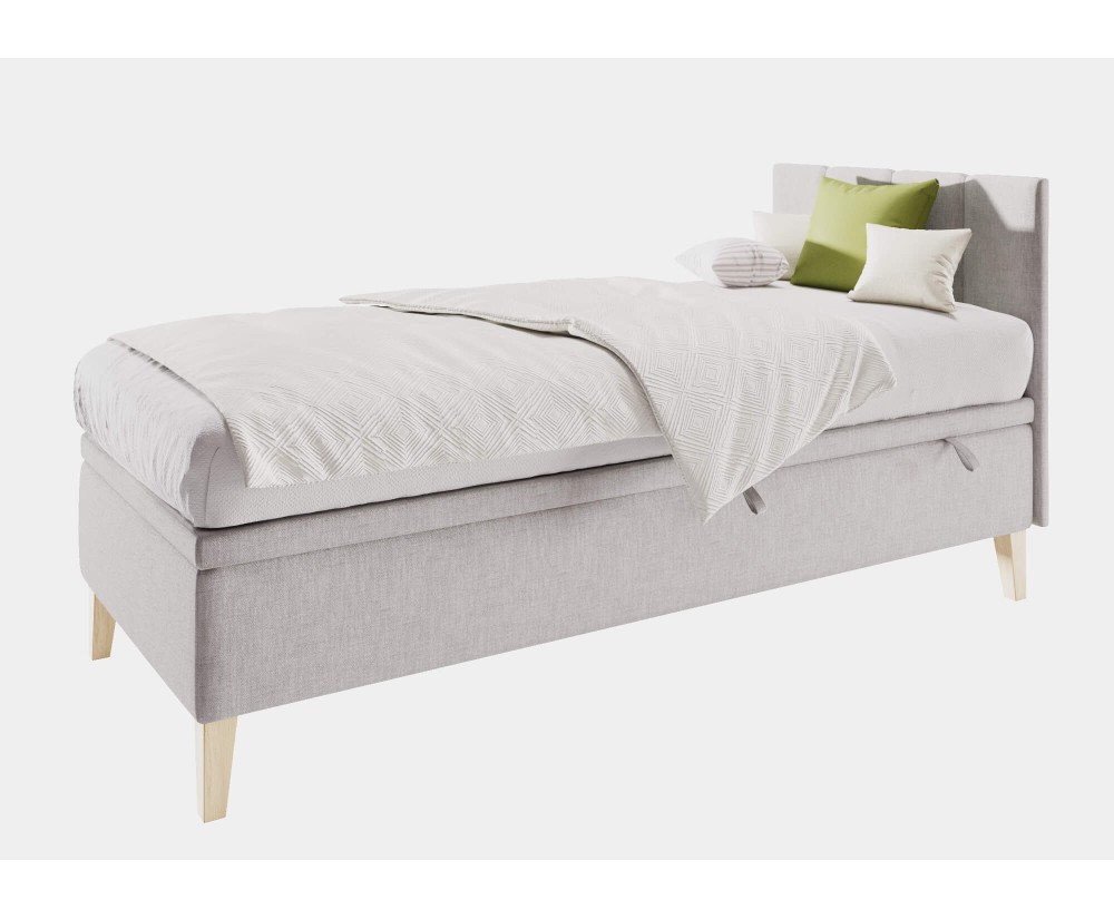 Einzelbett 100x200 cm für Kinderzimmer mit Bettkasten, Kopfteil und Holzfüßen, INTARO A8