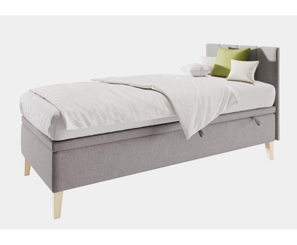 Einzelbett 100x200 cm für Kinderzimmer mit Bettkasten, Kopfteil und Holzfüßen, INTARO A8