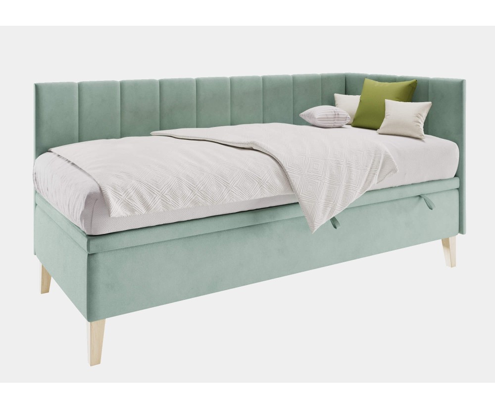Jugendbett 90x200 cm mit Stauraum und Holzfüßen, Polsterbett INTARO A9