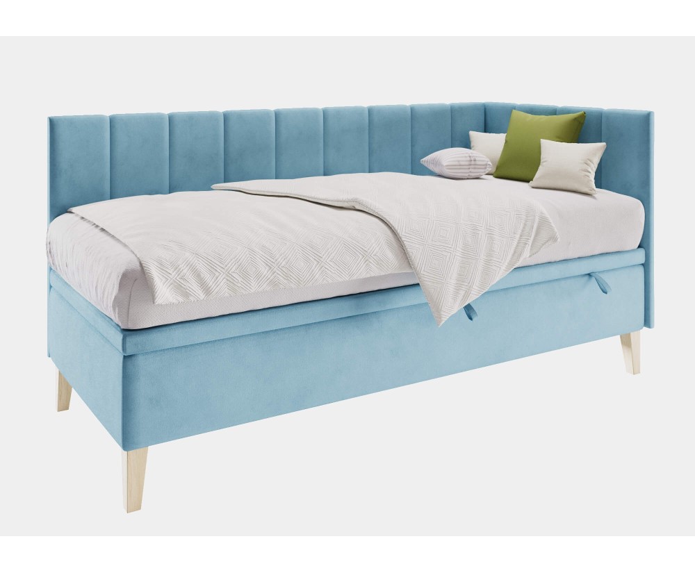 Jugendbett 90x200 cm mit Stauraum und Holzfüßen, Polsterbett INTARO A9