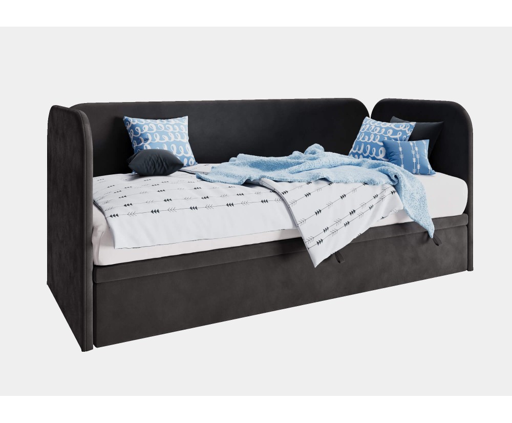 Einzelbett 100x200 cm für Jugendzimmer mit Bettkasten, 2 Kopfteile und Seitenblende abgerundet, OLIVIER 1R