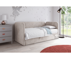 OLIVIER Polsterbett 120x200 cm für Kinderzimmer mit Bettkasten, 2 Kopfteile und Seitenblende abgerundet