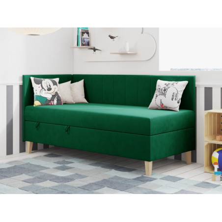 Einzelbett 90x200 cm auf Holzfüßen, Kopfteil und Seitenblende mit vertikalen Nähten, INTARO A16